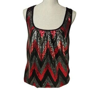 Womens Black Red Silver‎ Chevron Sequin Racerback Tank Top 2X Holiday Festive